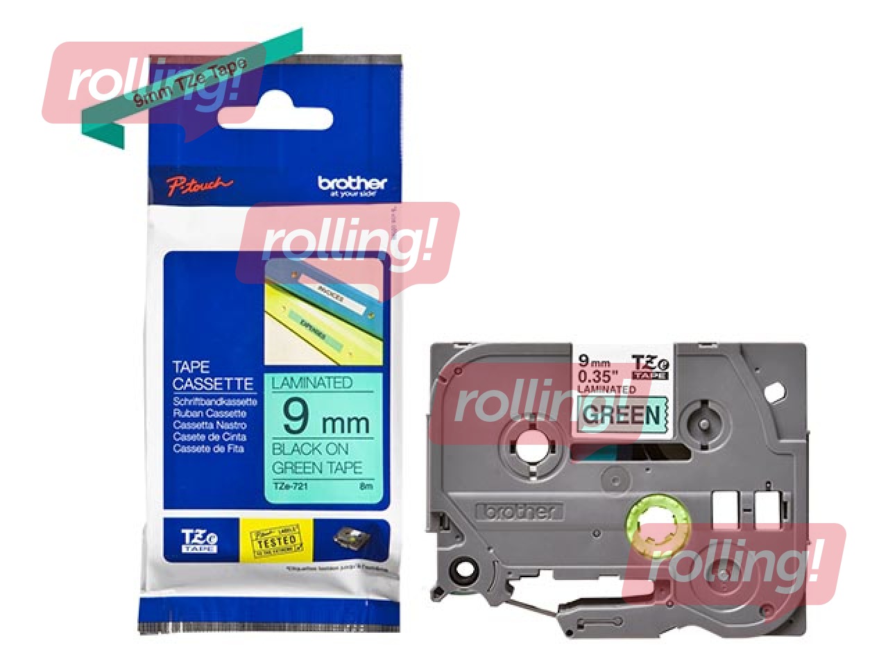 Brother TZe-721 - Must trükk rohelisel lindil, lamineeritud, 9mm laiune, 8m pikkune