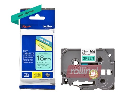 Brother TZe-741- Must trükk rohelisel lindil, lamineeritud, 18mm laiune, 8m pikkune