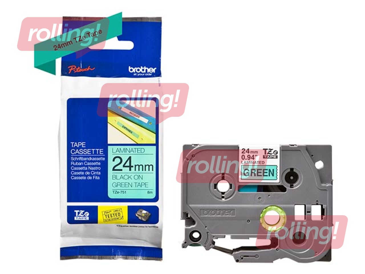 Brother TZe-751- Must trükk rohelisel lindil, lamineeritud, 24mm laiune, 8m pikkune