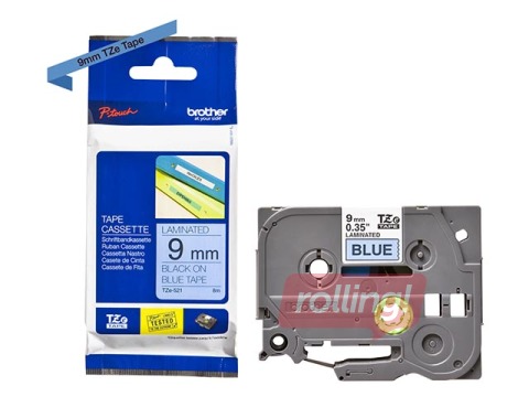 Brother TZe-521 Black printing on Blue Tape, laminated, 9mm width, 8m length