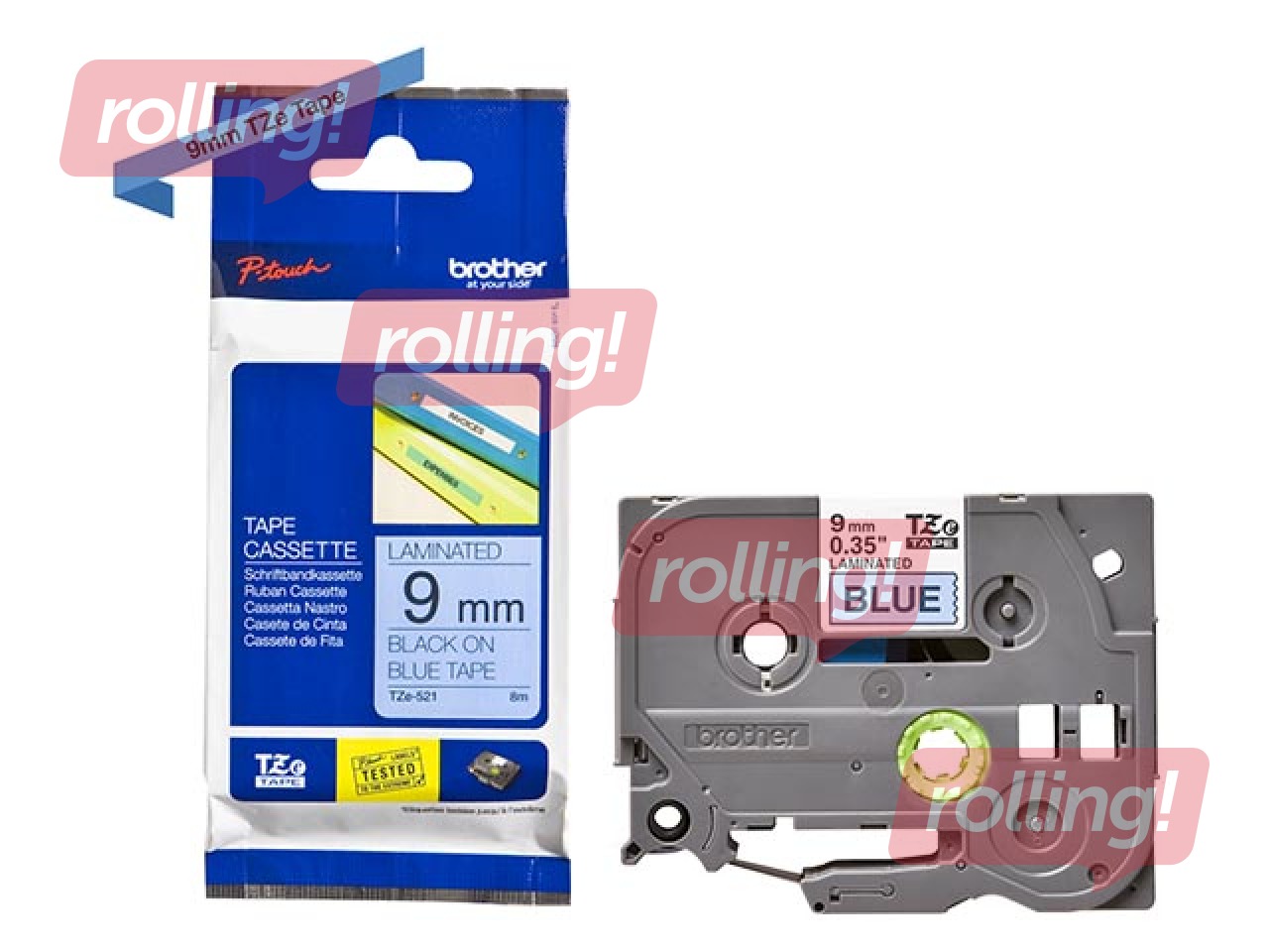 Brother TZe-521 Black printing on Blue Tape, laminated, 9mm width, 8m length