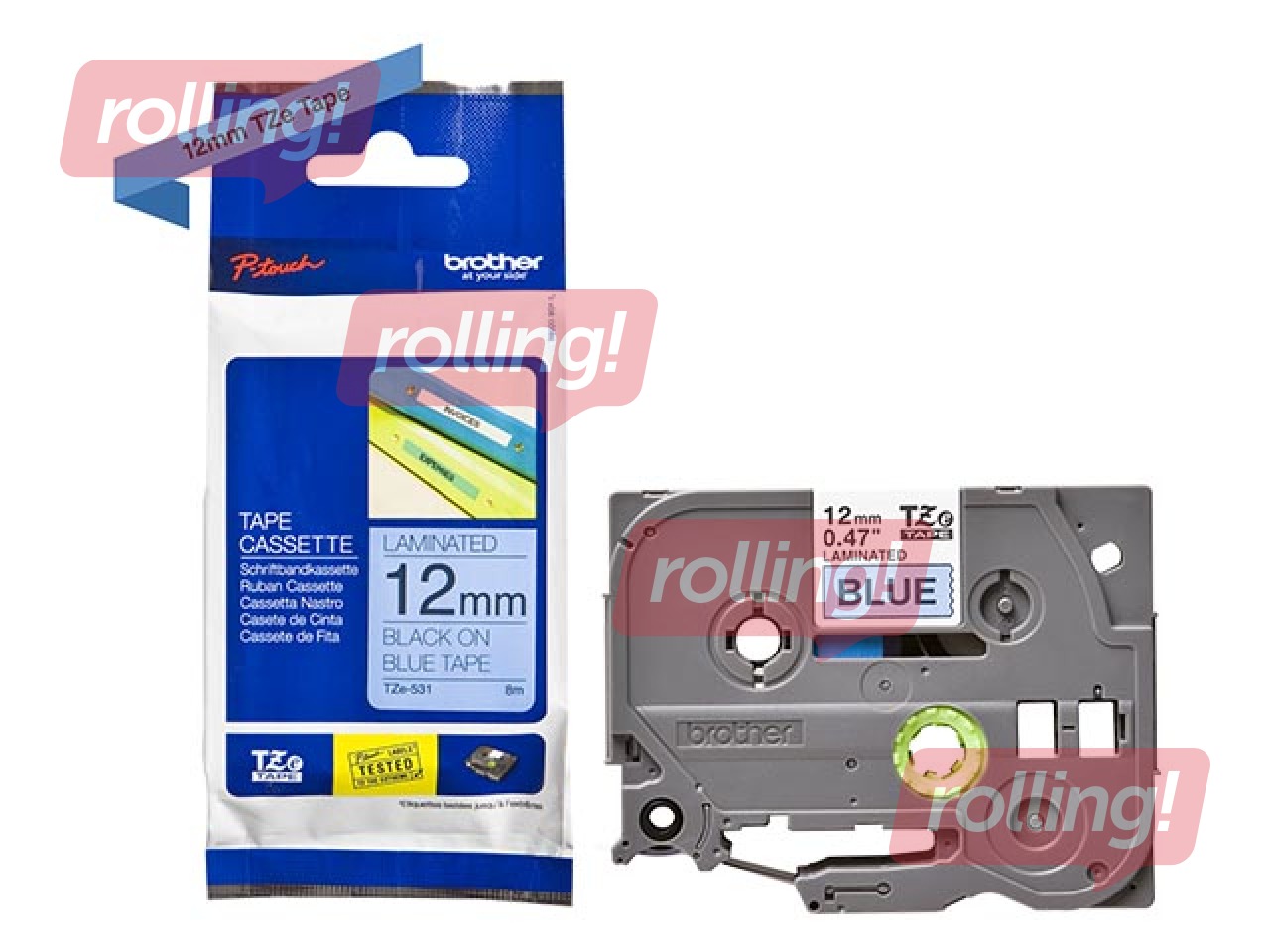 Brother TZe-531- Must trükk sinisel lindil, lamineeritud, 12mm laiune, 8m pikkune