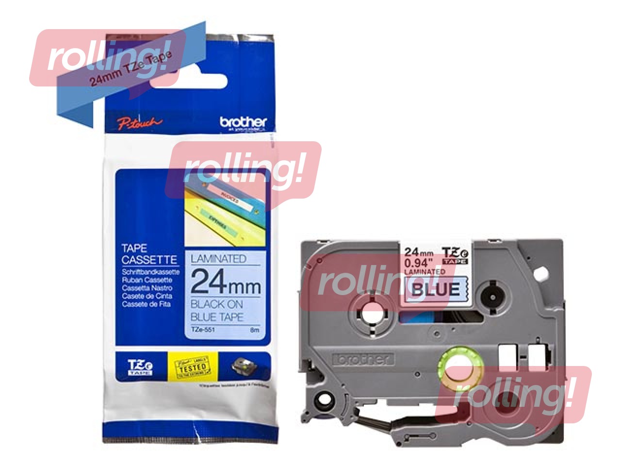 Ламинированная лента Brother TZe-551 шириной 24 мм x 8 м, Черный текст на синем фоне