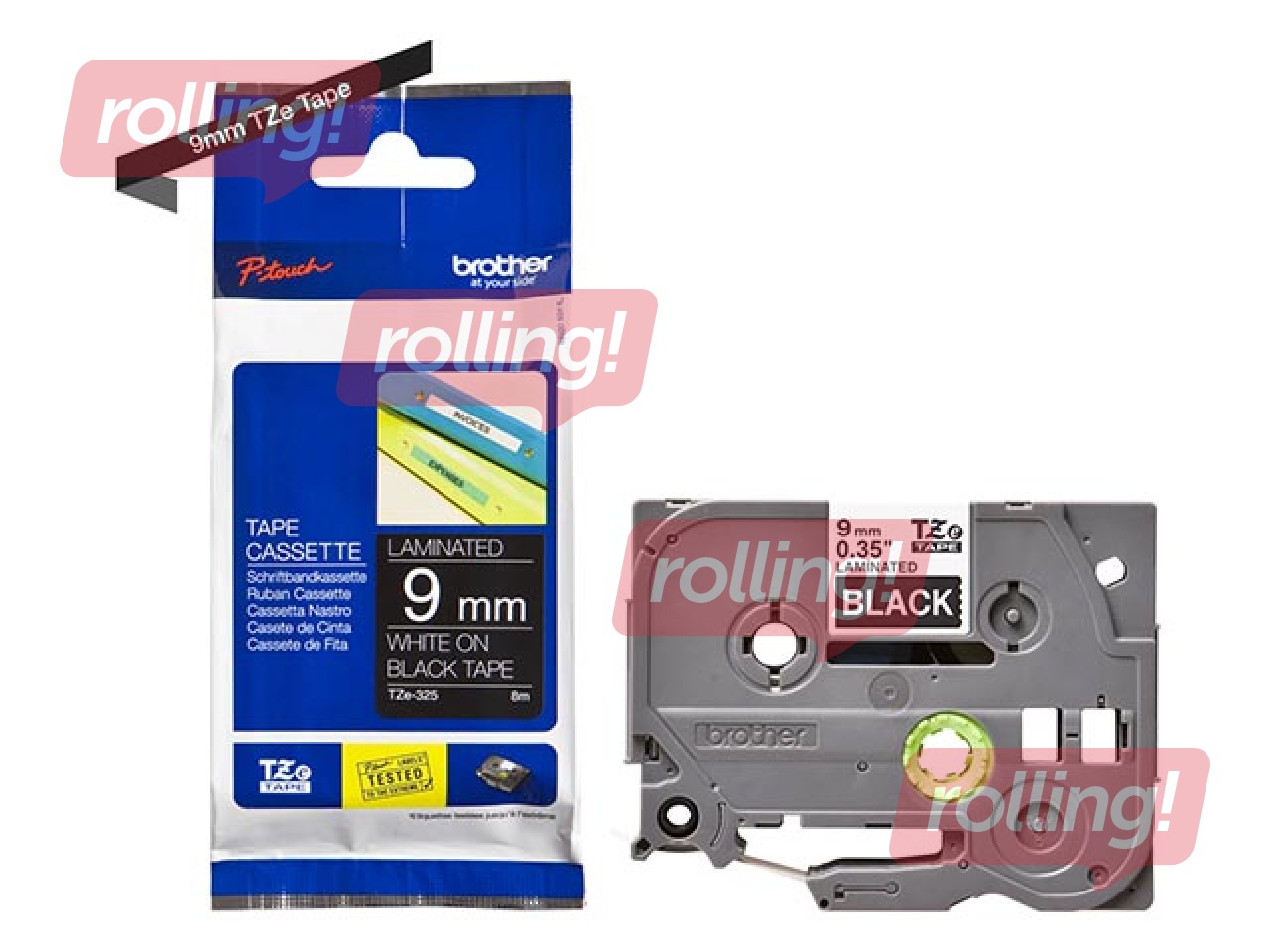 Brother TZe-325- Valge trükk mustal lindil, lamineeritud, 9mm laiune, 8m pikkune