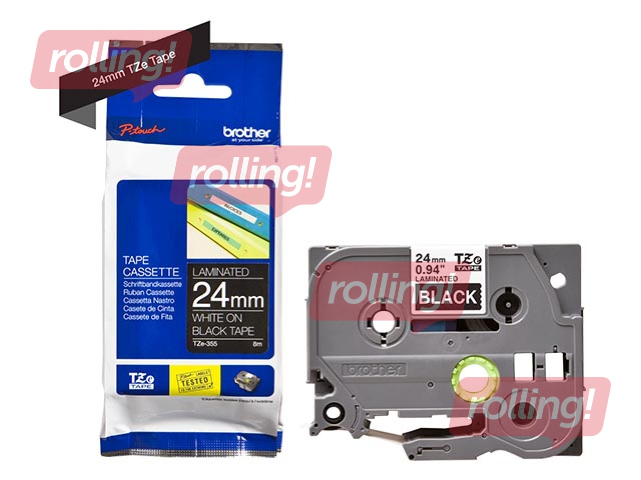 Brother TZe-355 Valge trükk , must lindil, lamineeritud, 24mm laiune, 8m pikkune