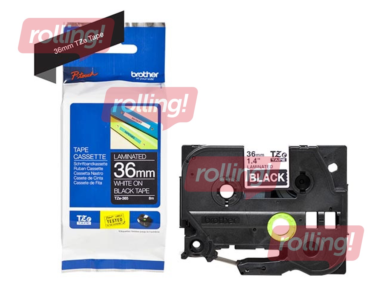Brother TZe-365 Valge trükk mustal lindil, lamineeritud, 36mm laiune, 8m pikkune
