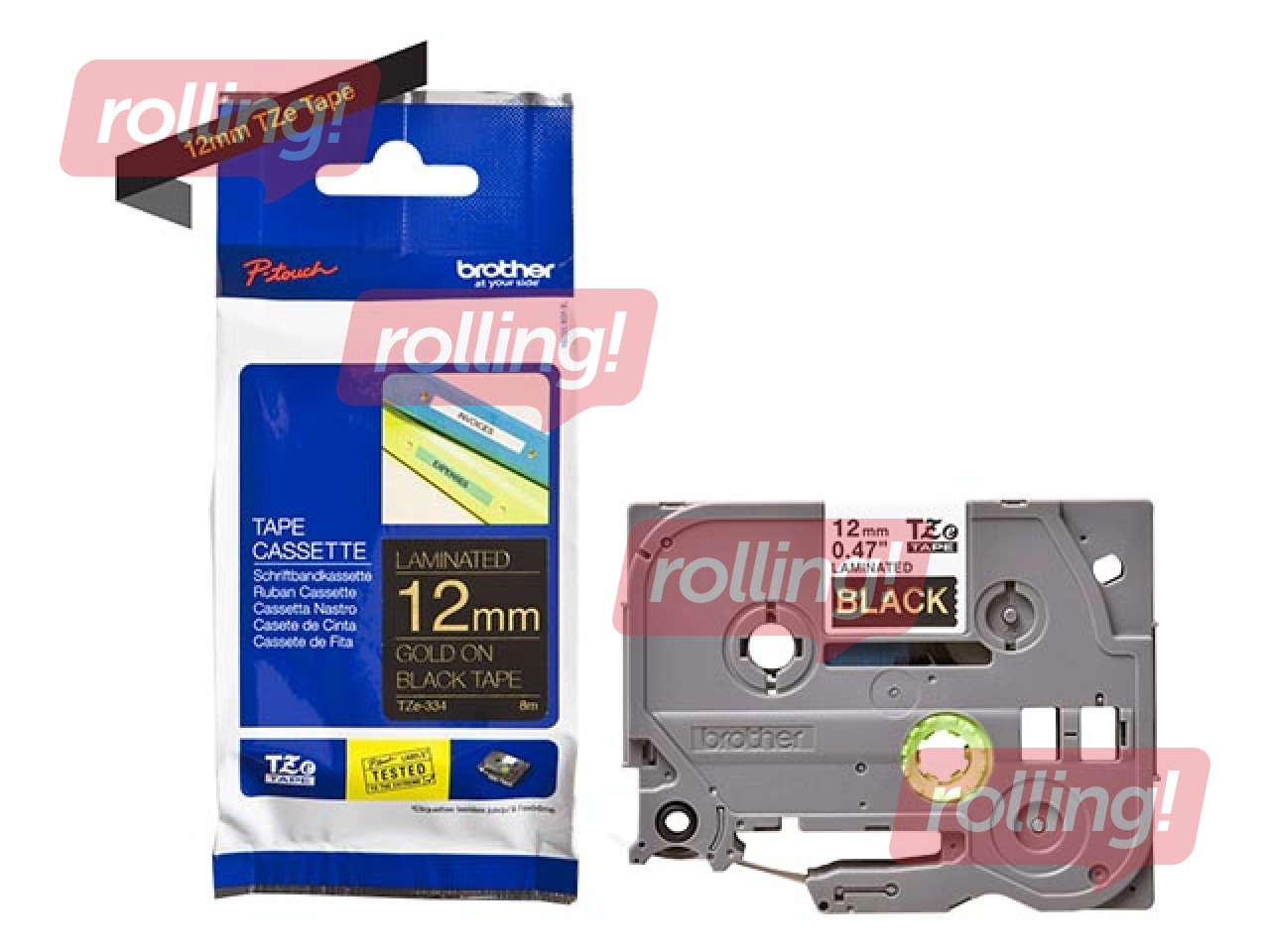 Brother TZe-334- Kuld trükk mustal lindil, lamineeritud, 12mm laiune, 8m pikkune
