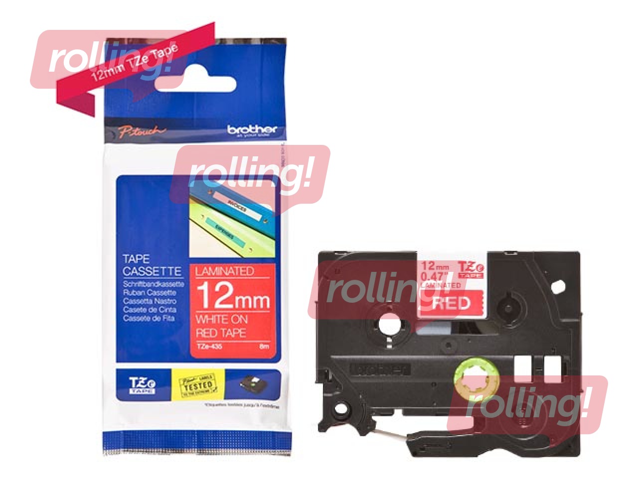 Brother TZe-435- Valge trükk punasel lindil, lamineeritud, 12mm laiune, 8m pikkune