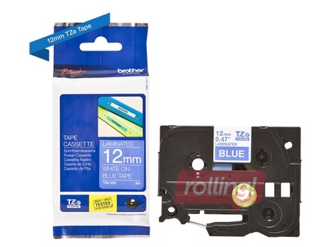 Brother TZe-535- Valge trükk sinisel lindil, lamineeritud, 12mm laiune, 8m pikkune