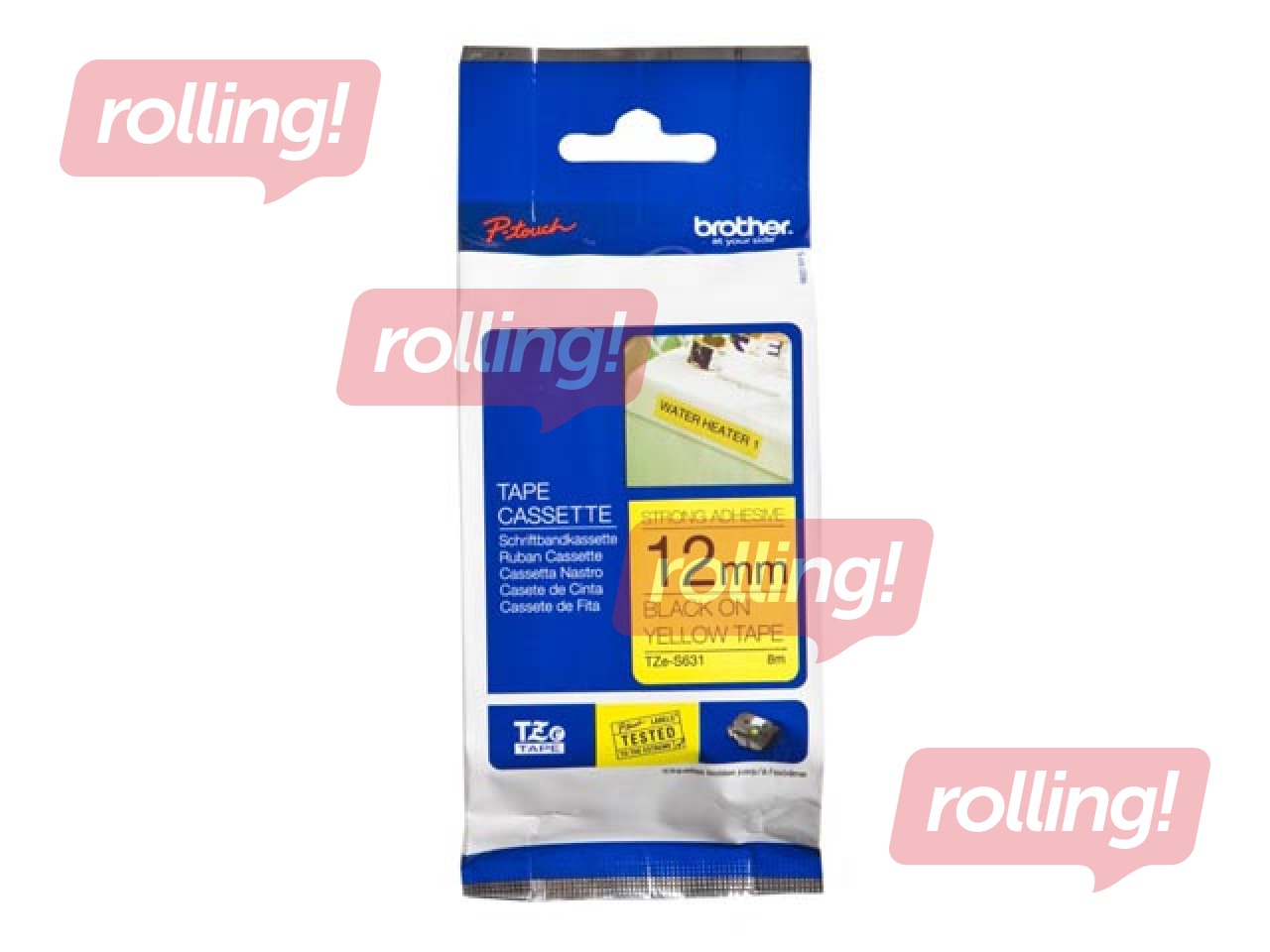 Kleepkirjalint Brother TZ S631 must kiri kollasel taustal 8m x 12mm
