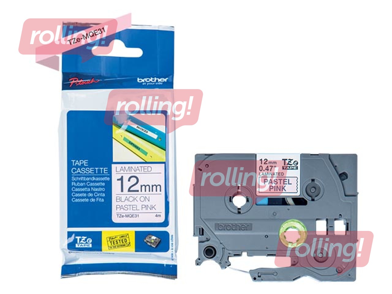 Brother TZe-MQE31 Labelling Tape Cassette – Black on Pastel Pink, 12mm wide, 4m long