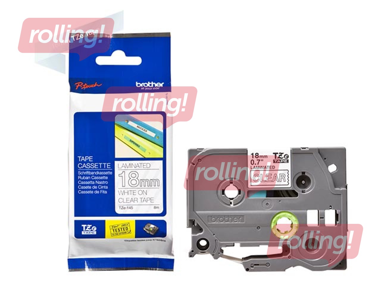 Brother TZe-145 Valge trükk puhtal lindil, lamineeritud, 18mm, 8 m