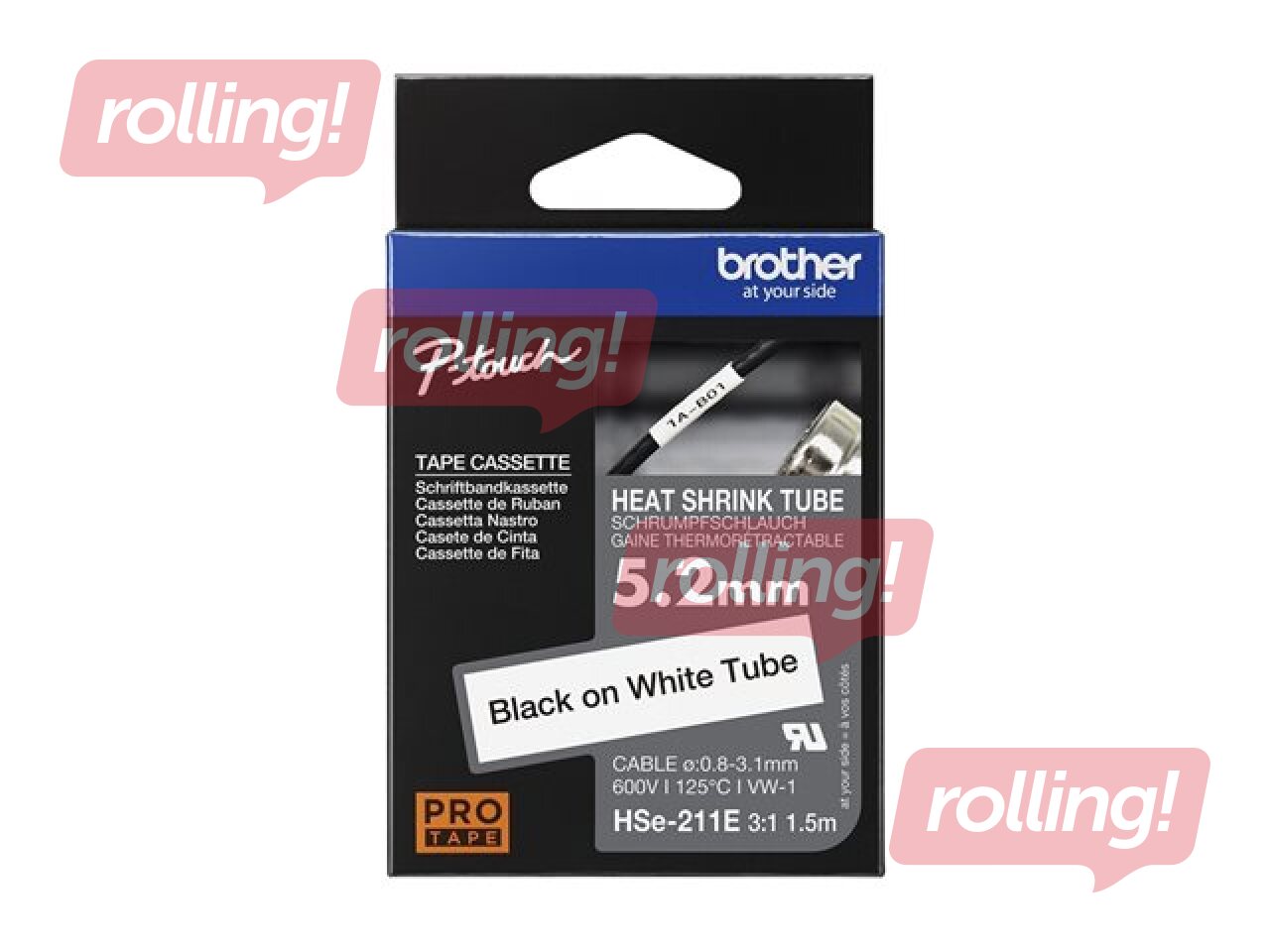 Brother HSe-211E Heat Shrink Tube Tape Cassette - Black on White, 5.2mm wide