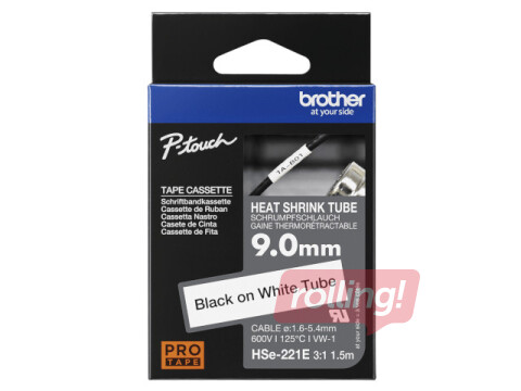 Brother HSe-221E Heat Shrink Tube Tape Cassette - Black on White, 9mm x 1.5m (1.6-5.4mm)