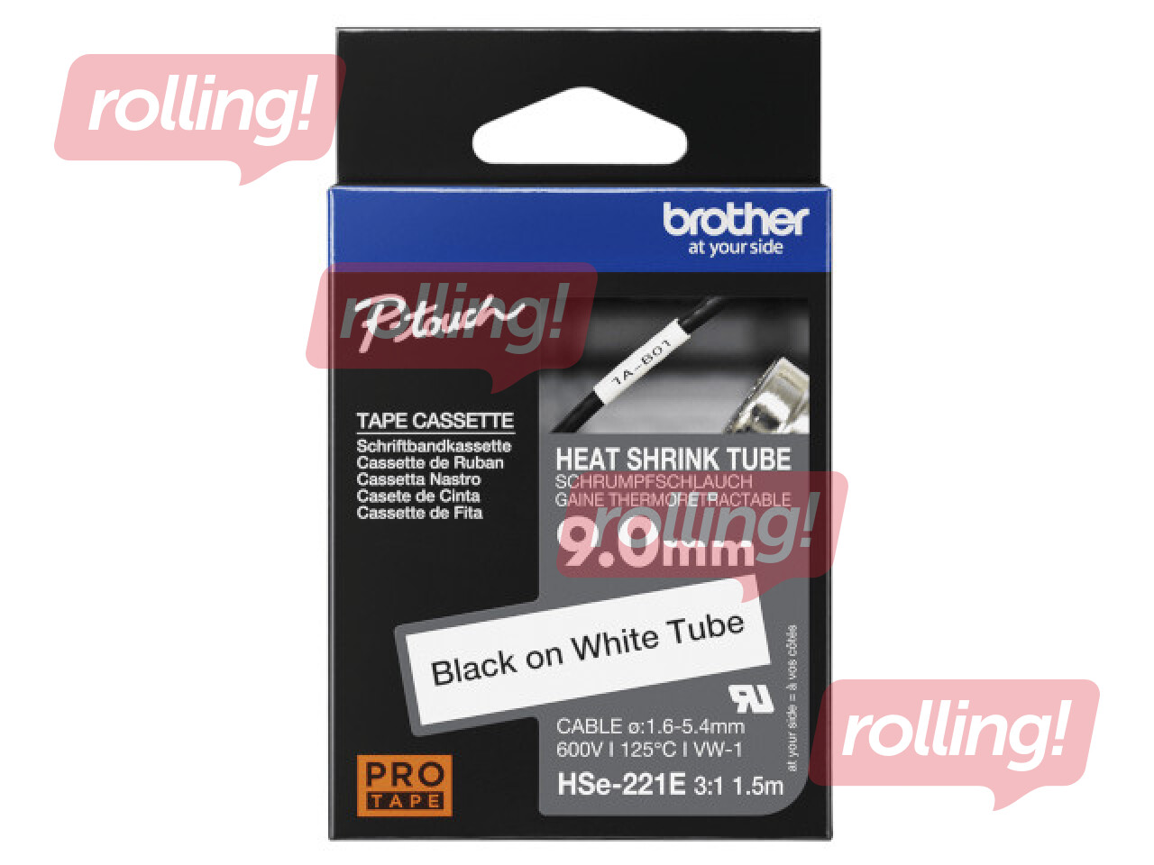 Brother HSe-221E Heat Shrink Tube Tape Cassette - Black on White, 9mm x 1.5m (1.6-5.4mm)