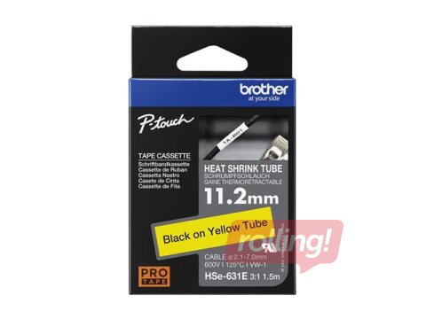 Brother HSe-631E Heat Shrink Tube Tape Cassette - Black on Yellow, 11.2mm x 1.5m