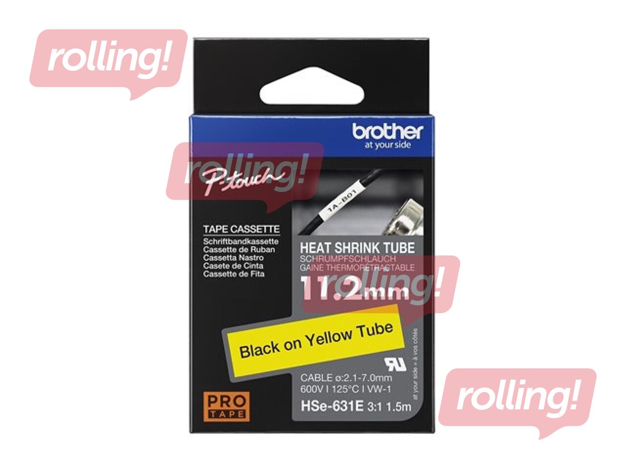 Brother HSe-631E Heat Shrink Tube Tape Cassette - Black on Yellow, 11.2mm x 1.5m