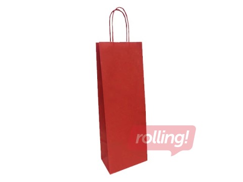 Punutud sangadega paberkott pudelitele, 140x80x390mm, jõupaber, punane