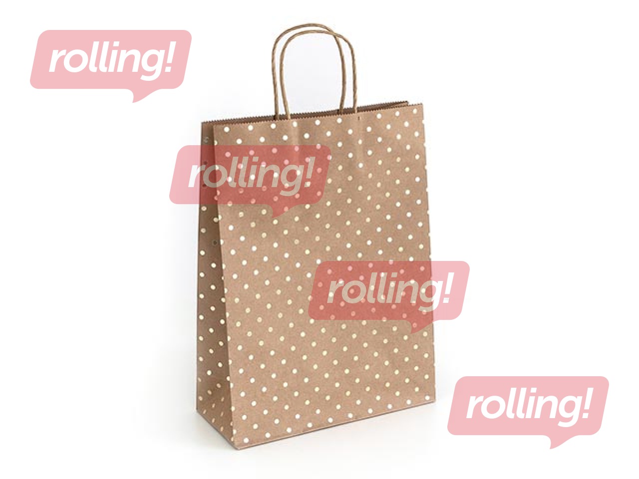 Papīra maisiņš ar rokturiem, 240x100x330mm, brūns ar zelta punktiņiem, 5 gab.