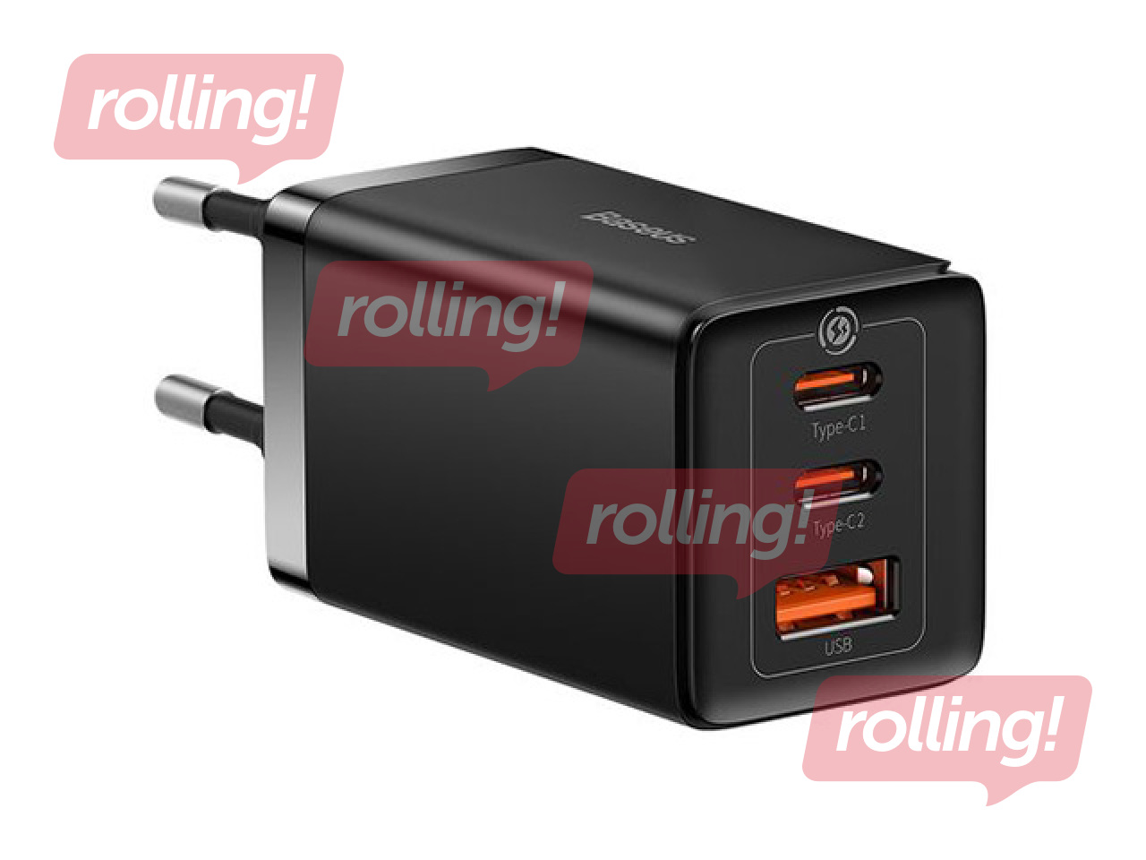 Baseus GaN5 Pro 65 W laadija USB + 2xUSB-C QC3.0 PD3.0 koos 1 m pikkuse USB-C-kaabliga, must