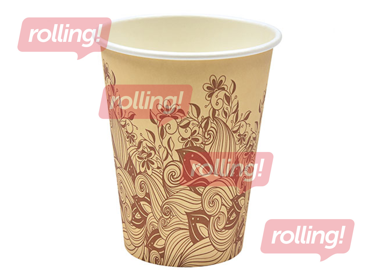 Papīra krūze ar brūnu ziedu apdruku,ø 90mm. 350ml, 50 gab.