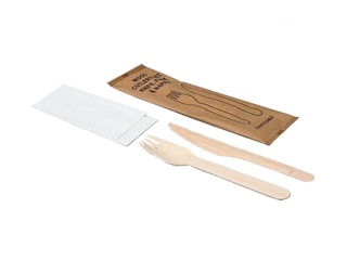 Cutlery set (fork, knife and napkin), wood