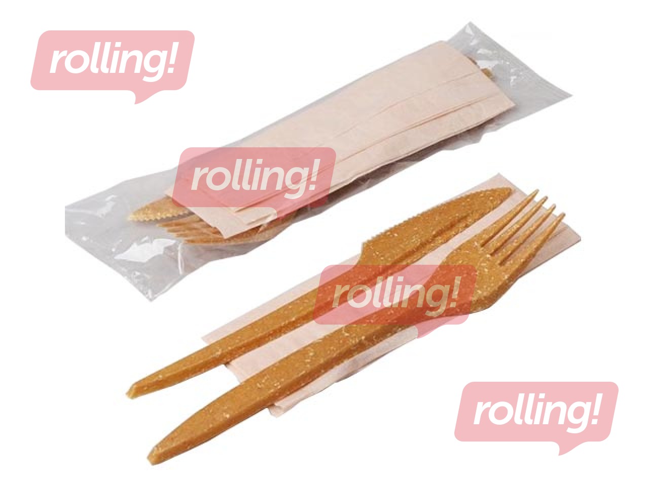 Söögiriistade komplekt (kahvel, nuga ja salvrätik), fiiberkiust