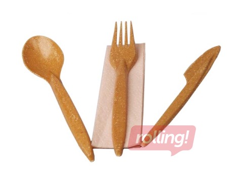 Cutlery set (fork, knife, spoon and napkin), wood fiber