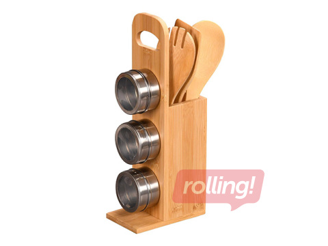 Statiiv Kesper, maitseainepurkide ja köögitarvikutega, bambus, 8x13x31.5cm