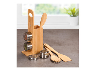 Statīvs Kesper, ar garšvielu traukiem un virtuves piederumiem, bambusa, 8x13x31.5cm