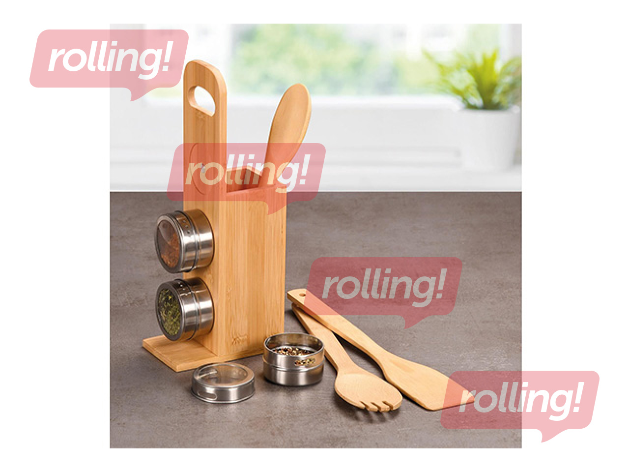 Statīvs Kesper, ar garšvielu traukiem un virtuves piederumiem, bambusa, 8x13x31.5cm