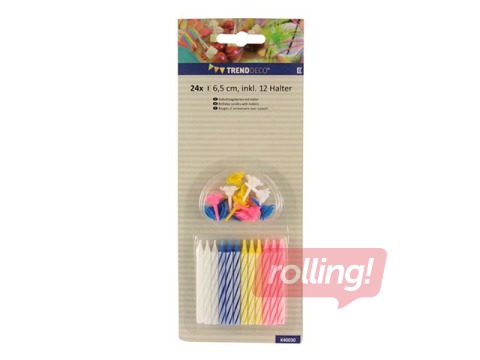 Birthday candles, different colors, striped, 24 pcs.