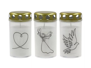 Svece Candela ar vāciņu, dažāda apdruka, balta