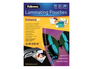 Laminēšanas plēves Fellowes A4 80mic 100gab/iepak, ar lipīgu aizmuguri