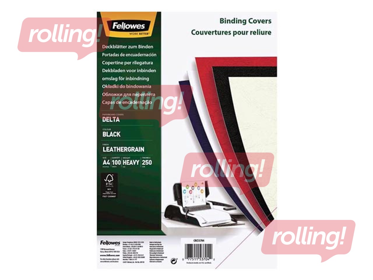 Köite tagakaaned Fellowes Delta 250 g/m², kunstnaha tekstuuriga, 100 tk, mustad