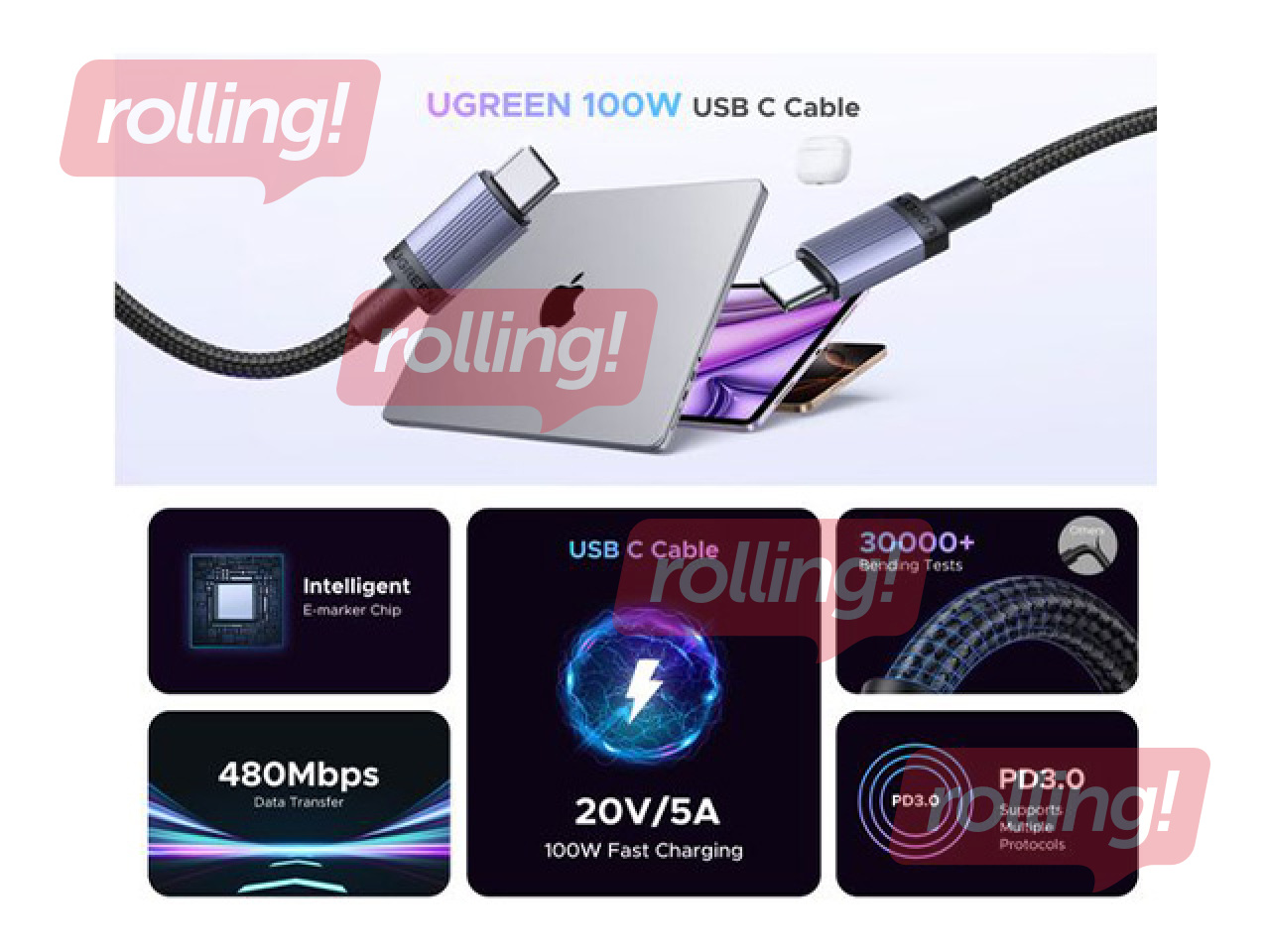 Savienotājvads Ugreen Type C - Type C 100W 1m