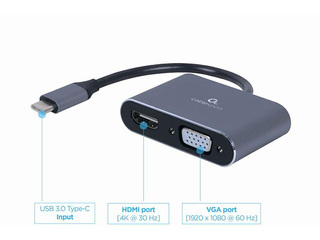 Adapteris Gembird USB Type-C to HDMI + VGA Display Adapter Space Grey