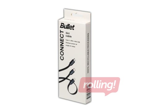 Savienotājvads BULLET 3in1 USB - (Type C, Lightning, Micro USB), 3A, 1m, melns