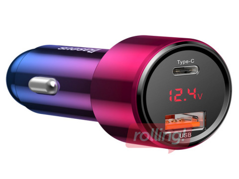 Autolaadija Baseus Magic USB + USB-C QC 4.0 PD 45W autolaadija (punane-sinine).