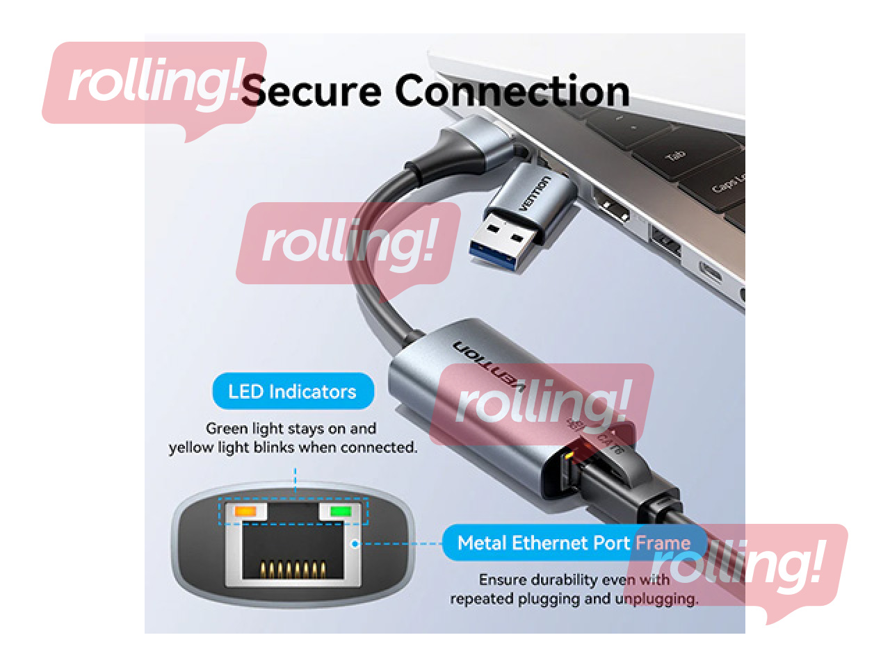 Adapter Vention USB-A + USB-C Gigabit Etherneti jaoks 0.15 m