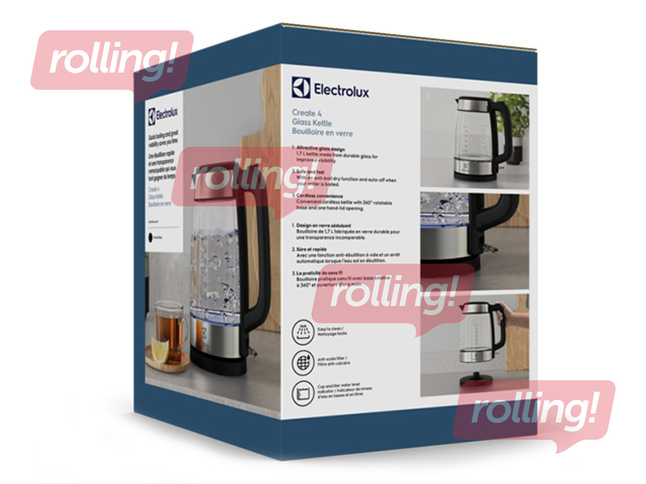 Tējkanna elektriskā Electrolux 1.7L, 2200W, stikla, nerūsējošs tērauds