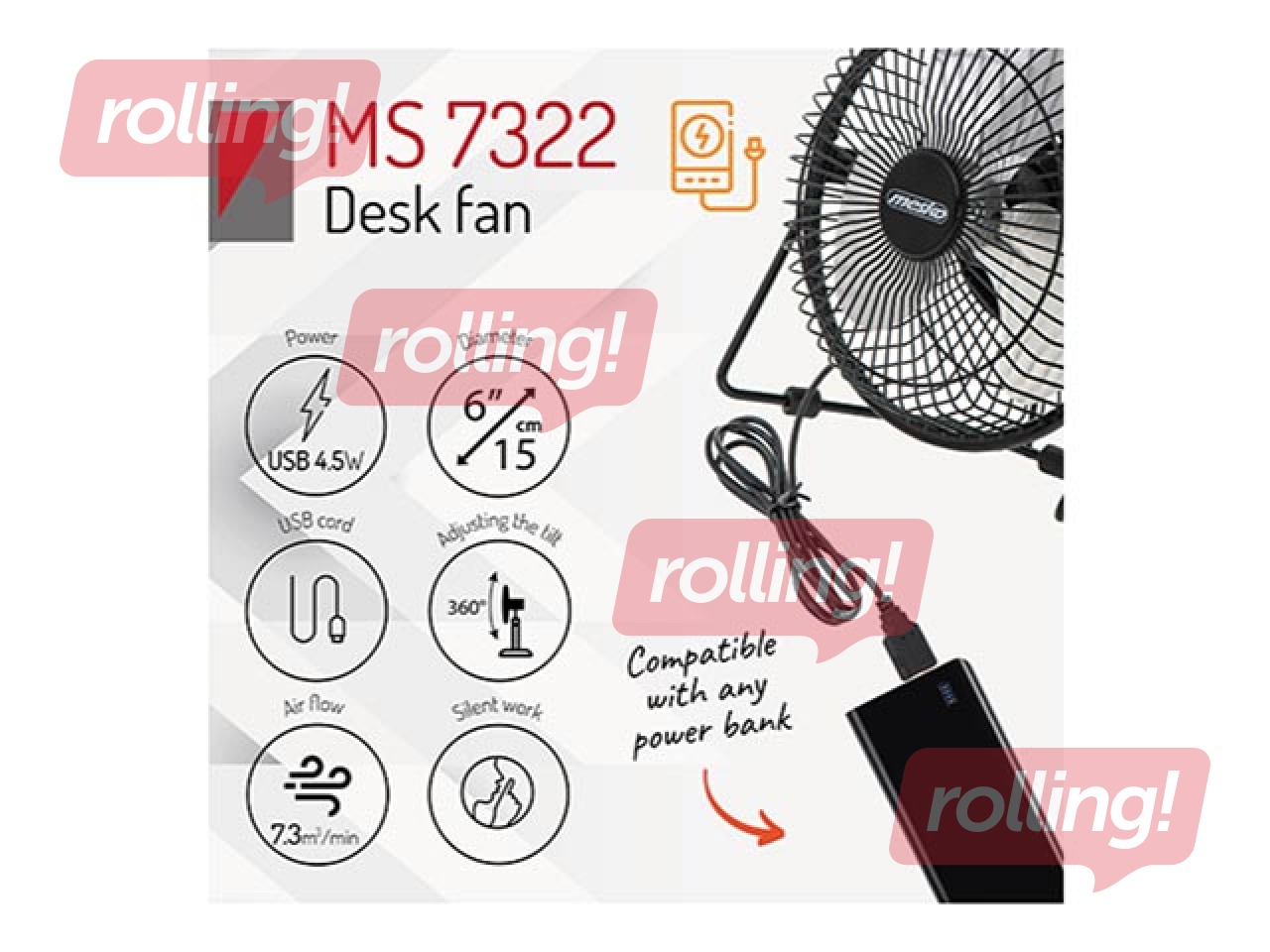 Ventilators galda Mesko MS 7322, 15cm, melns, USB