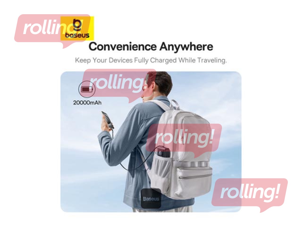 Mobiililaadija Baseus Free2Pull, 20000mAh, 65W, kaabliga, must