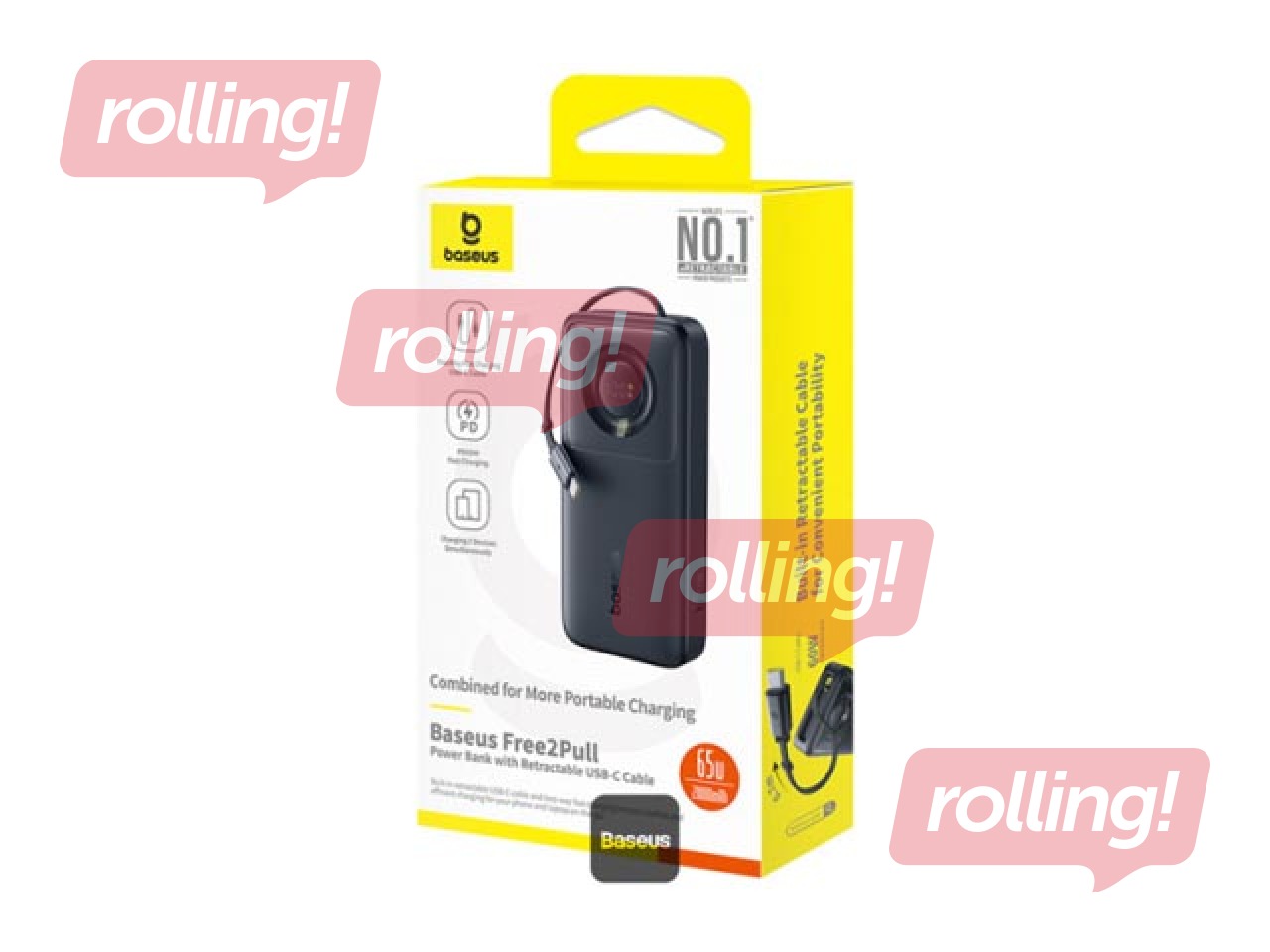 Mobiililaadija Baseus Free2Pull, 20000mAh, 65W, kaabliga, must