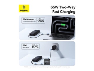 Mobilais lādētājs Baseus Free2Pull, 20000mAh, 65W, ar vadu, melns