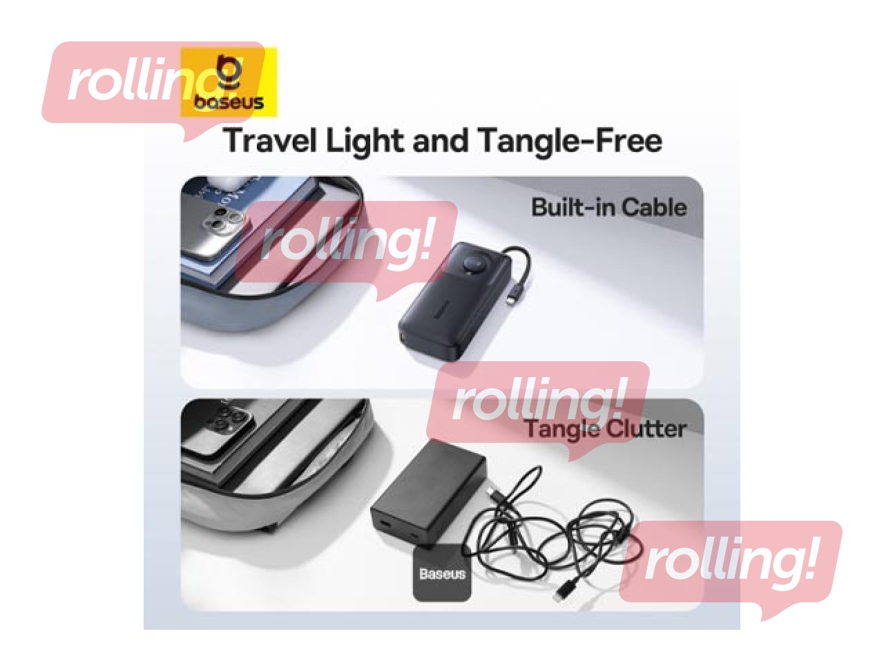 Mobilais lādētājs Baseus Free2Pull, 20000mAh, 65W, ar vadu, melns