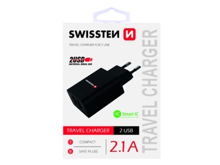 Зарядное устройство Swissten Premium USB + USB, 2.1A, 10.5W, черный