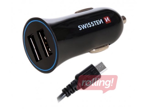 Auto laadija Swissten Premium USB + USB, traadiga, 1.5m, Black