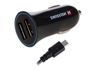 Автомобильная зарядка Swissten Premium USB + USB, + кабель, 1.5m, черный