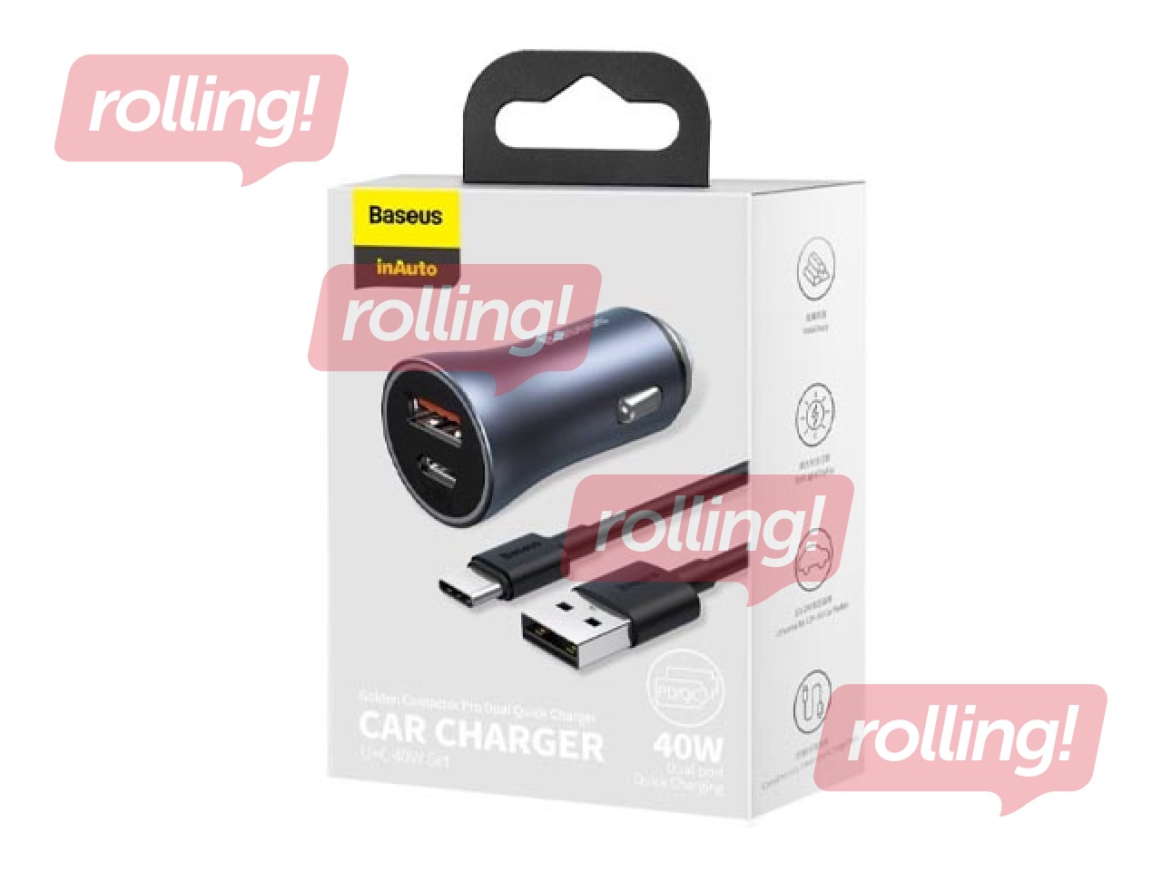Auto laadija Baseus Golden Contactor Pro USB + Type C, kaabel komplektis, QC4.0, PD, SCP, 40W, hall